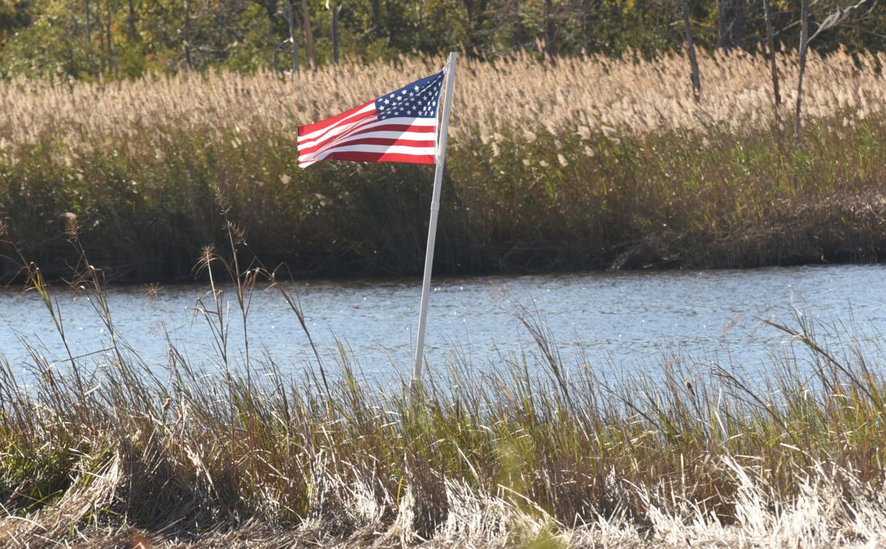 A new American Flag flies along banks near the Brunswick River Bridge along 74/76 Thursday, Nov. 10, 2016, in Leland, N.C.