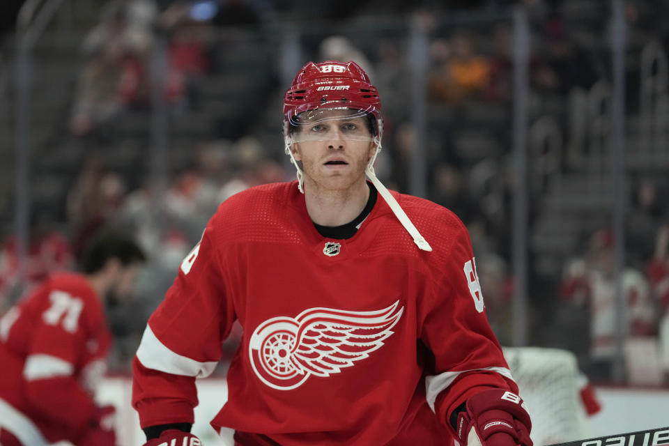 Detroit Red Wings' Patrick Kane (88) warms up before an NHL hockey game against the San Jose Sharks, Thursday, Dec. 7, 2023, in Detroit. (AP Photo/Paul Sancya)