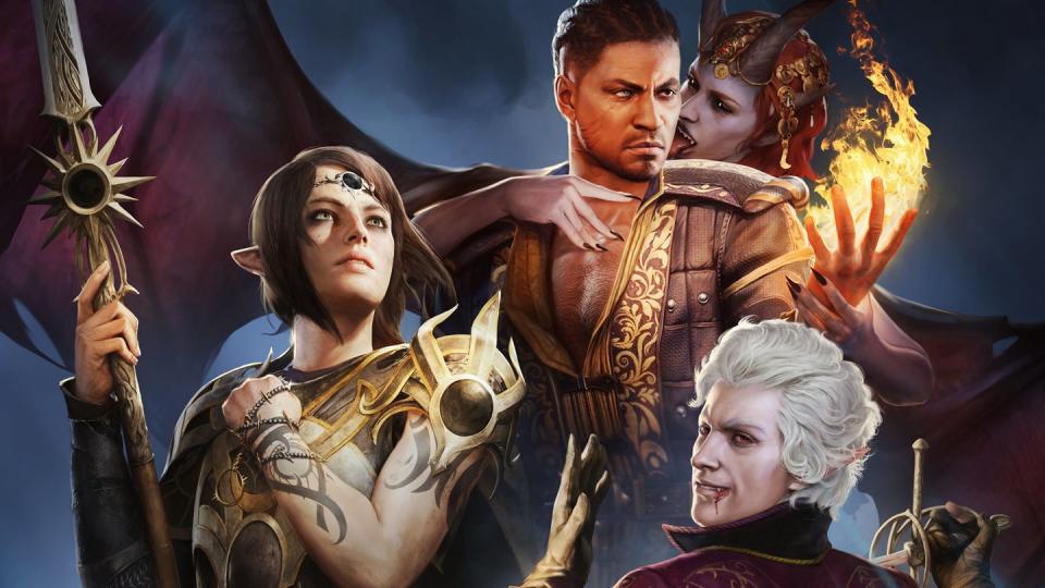 baldur's gate iii key art, featuring an elf character with a spear, two vampires and a man wielding flames