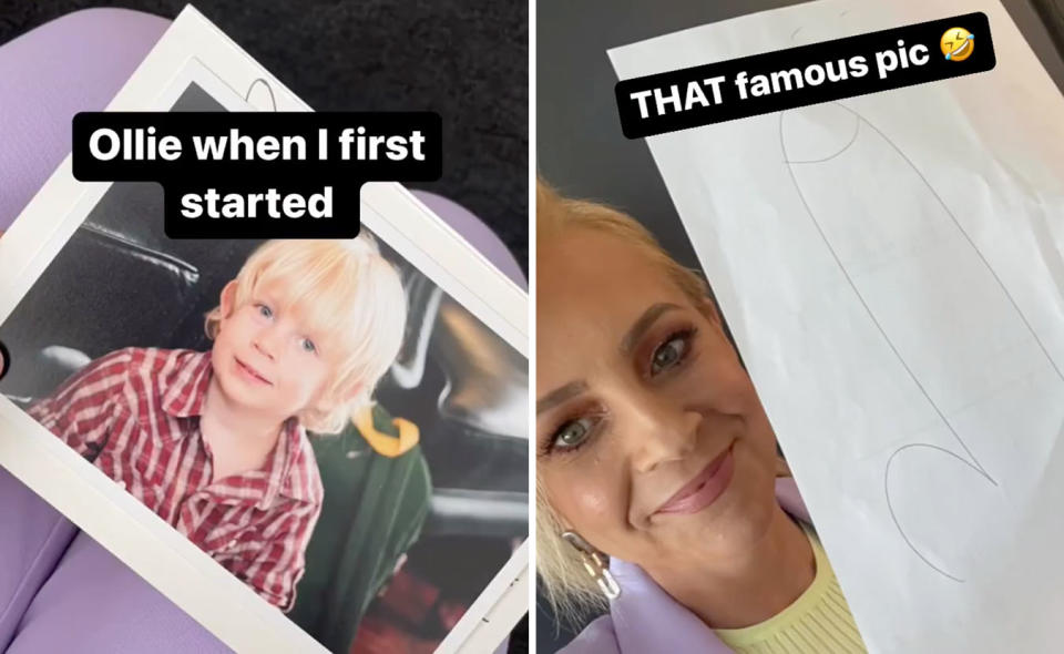 L: Photo of Carrie Bickmore's son Ollie in a photo frame as a child. R: Carrie Bickmore in a purple blazer holds up a piece of paper with a penis drawn on it