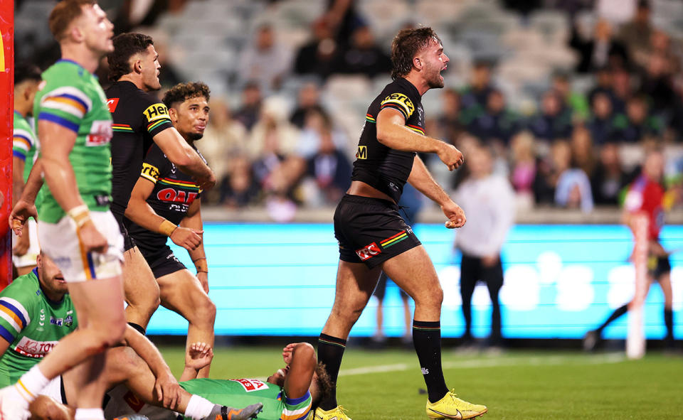 Jaeman Salmon, pictured here celebrating after scoring a try for the Panthers against the Raiders.