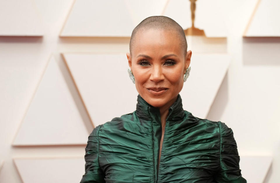 Jada Pinkett Smith has previously spoken about living with alopecia, pictured at last night's Oscars. (Getty Images)