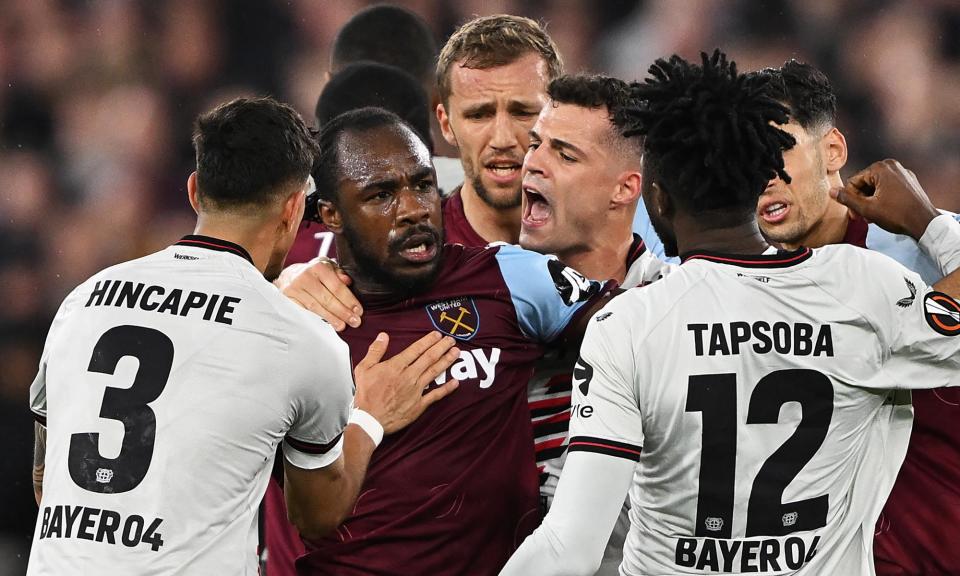 <span><a class="link " href="https://sports.yahoo.com/soccer/players/383321/" data-i13n="sec:content-canvas;subsec:anchor_text;elm:context_link" data-ylk="slk:Michail Antonio;sec:content-canvas;subsec:anchor_text;elm:context_link;itc:0">Michail Antonio</a> clashes with <a class="link " href="https://sports.yahoo.com/soccer/players/1156071/" data-i13n="sec:content-canvas;subsec:anchor_text;elm:context_link" data-ylk="slk:Edmond Tapsoba;sec:content-canvas;subsec:anchor_text;elm:context_link;itc:0">Edmond Tapsoba</a> as <a class="link " href="https://sports.yahoo.com/soccer/teams/west-ham/" data-i13n="sec:content-canvas;subsec:anchor_text;elm:context_link" data-ylk="slk:West Ham;sec:content-canvas;subsec:anchor_text;elm:context_link;itc:0">West Ham</a> lost on aggregate to Bayer Leverkusen.</span><span>Photograph: Mike Hewitt/Getty Images</span>