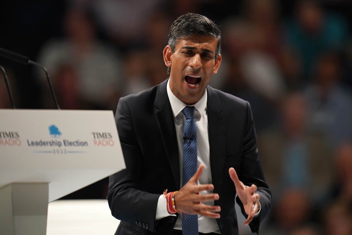 Rishi Sunak speaking during a hustings event at the NEC in Birmingham as part of his campaign to be leader of the Conservative Party and the next prime minister (Jacob King/PA) (PA Wire)