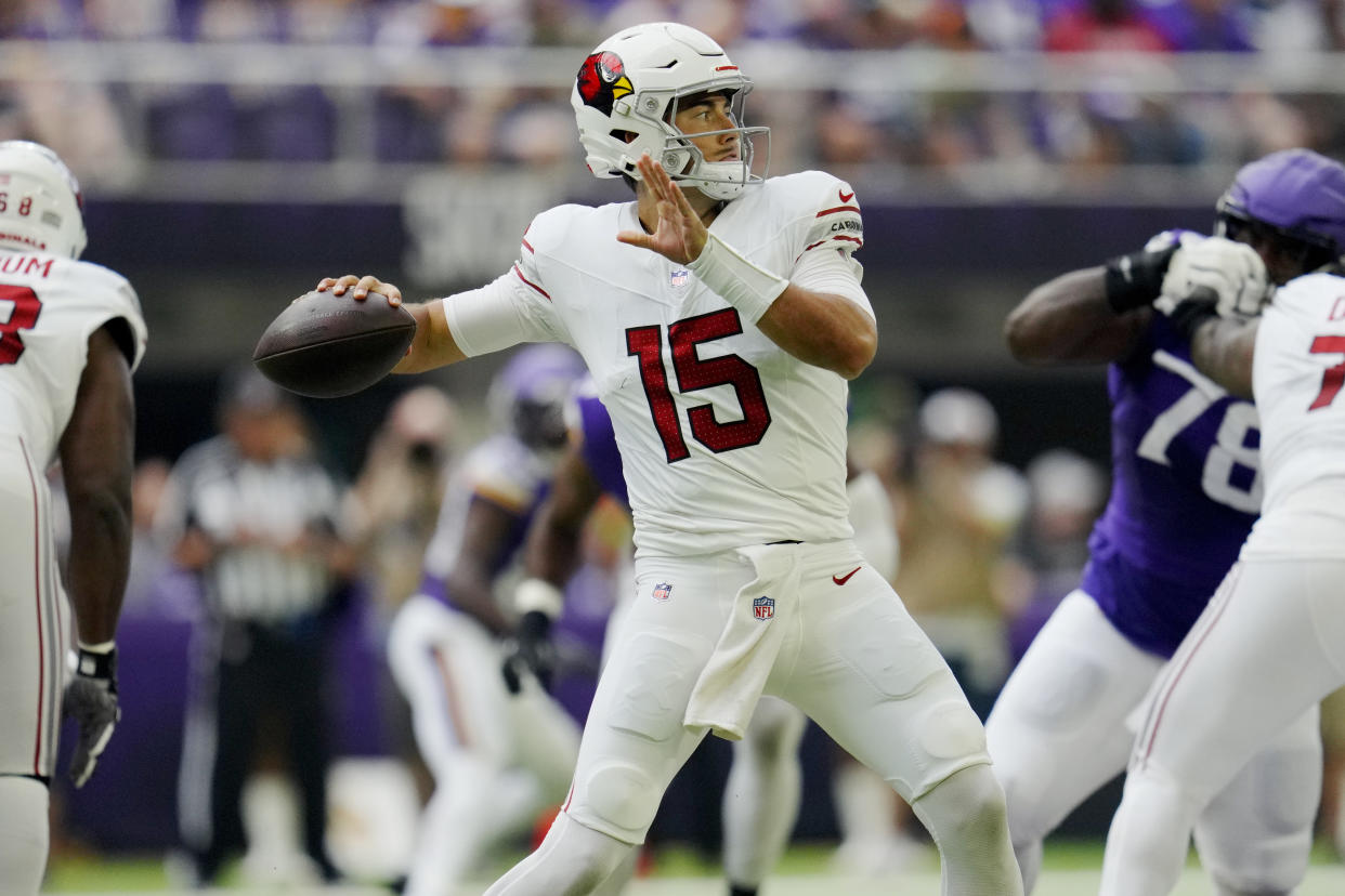 Arizona Cardinals rookie quarterback Clayton Tune (15) is one of the options to start Week 1 for Arizona. (AP Photo/Abbie Parr)