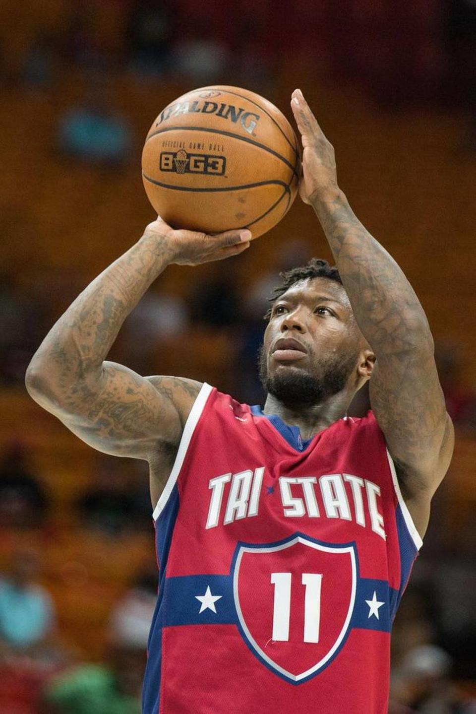 Nate Robinson (11) attempts a jump shot against Ghost Ballers during the first half of a Big3 basketball game at AmericanAirlines Arena on Friday, July 20, 2018.