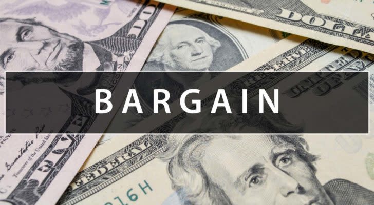 the word bargain over a pile of american money to represent cheap stocks, stocks under $20