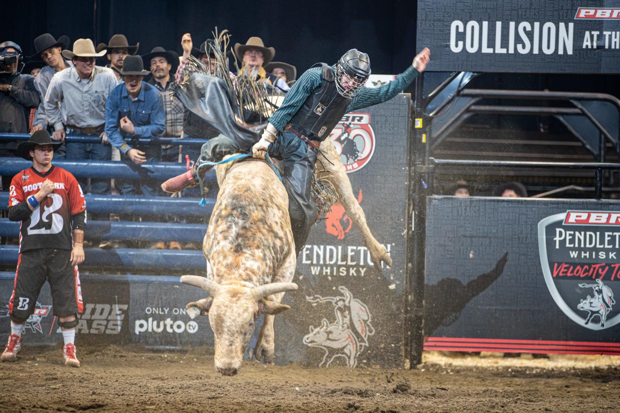 Grayson Cole rides Neon Street of Dustin Denning Bucking Bulls/ Burnt Chimney Bucking Bulls  for 88.50 points during the Round 1 of the PBR Pendleton Whisky Velocity Tour event in North Charleston, SC. Cole will return to Worcester for the "Worcester Rumble" at the DCU Center.