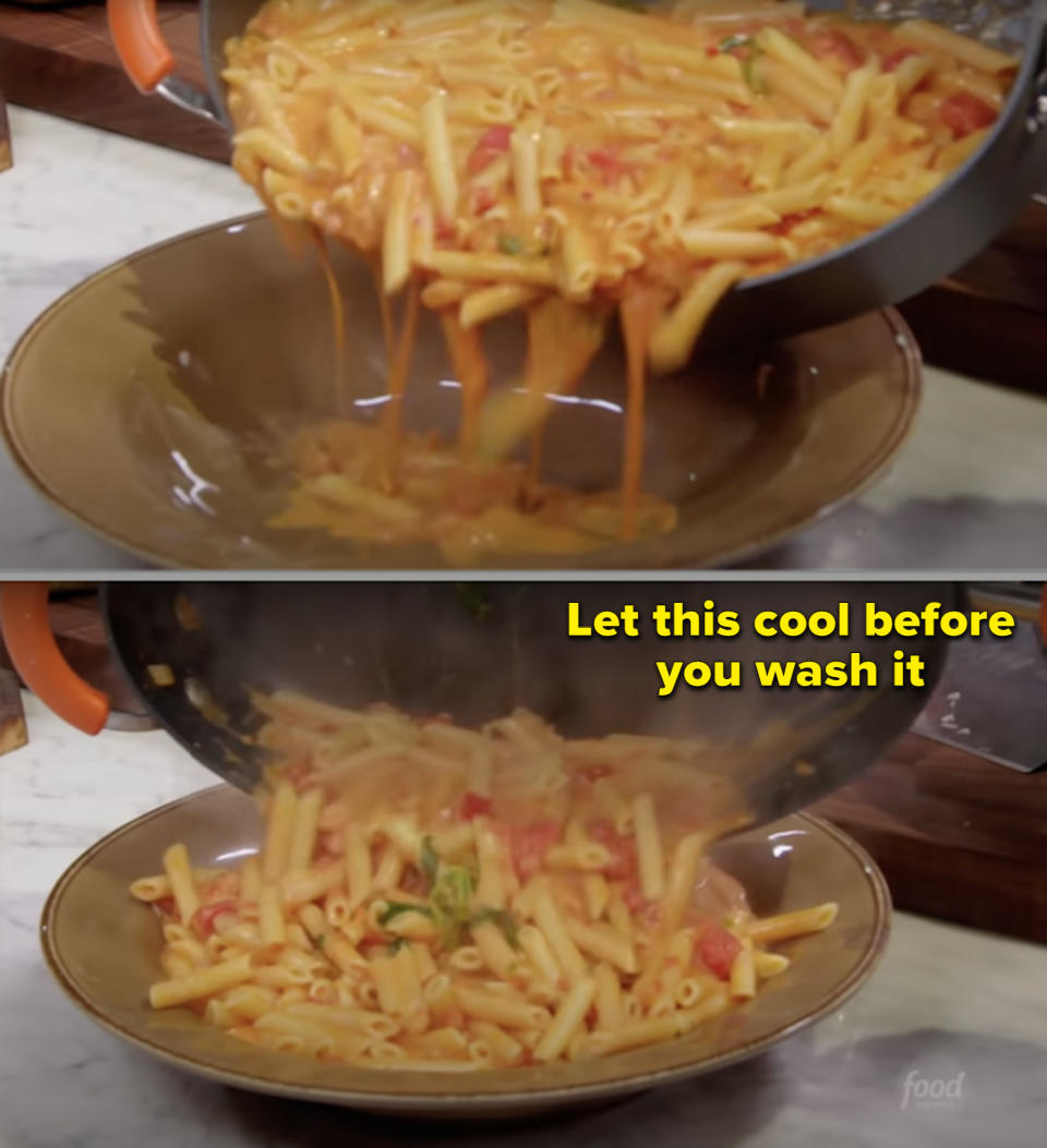 Rachael Ray making pasta with caption to let the pan cool before you wash it