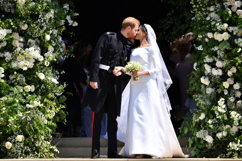 <p>Prince Harry and Meghan Markle were married at St George’s Chapel on May 19, with the bride wearing a gown designed by Clare Waight Keller of Givenchy (Getty) </p>