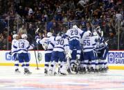 May 6, 2016; Brooklyn, NY, USA; The Tampa Bay Lightning celebrate after scoring against the New York Islanders during the overtime period of game four of the second round of the 2016 Stanley Cup Playoffs at Barclays Center. Mandatory Credit: Brad Penner-USA TODAY Sports