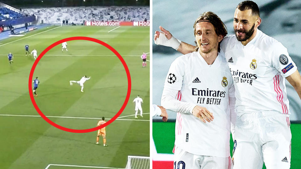 Luka Modric (pictured left) with a sublime touch and (pictured right) celebrating with Karim Benzema.