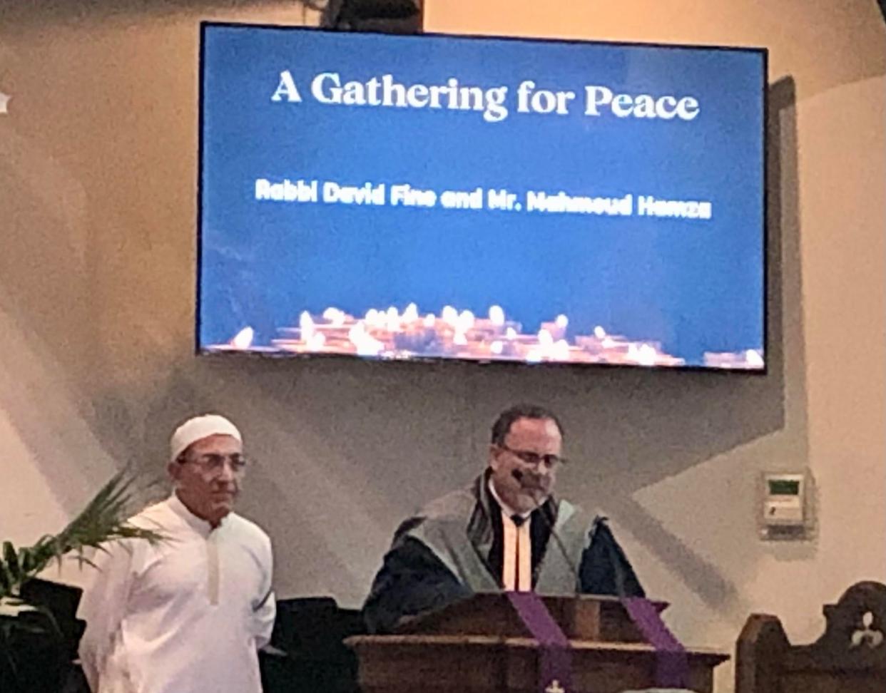 Imam Mahmoud Hamza and Rabbi David Fine, two longtime friends, speak at Emmanuel Church in Ridgewood on March 24, 2024 to call for unity amid chaos in the Middle East.