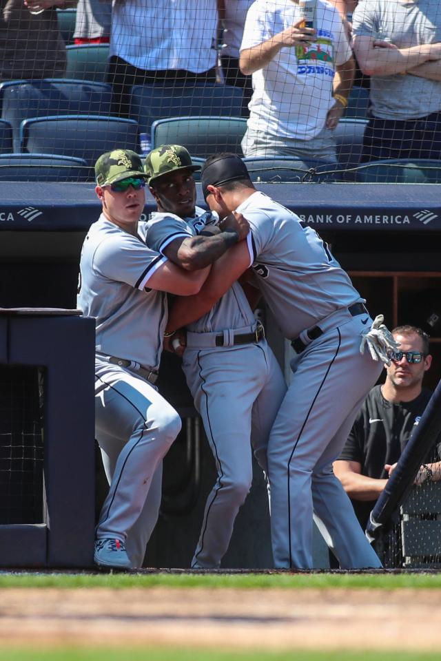 Teammates restrain Tim Anderson after the dugouts emptied in the fifth inning.