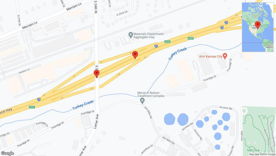 A detailed map that shows the affected road due to 'Broken down vehicle on northbound I-35 in Kansas City' on July 18th at 2:01 p.m.