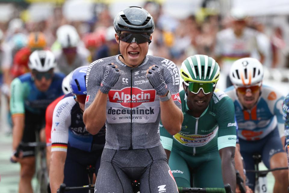 Alpecin-Deceuninck rider Jasper Philipsen of Belgium cycles to the finish line to win the 10th stage of the 2024 Tour de France on Tuesday.