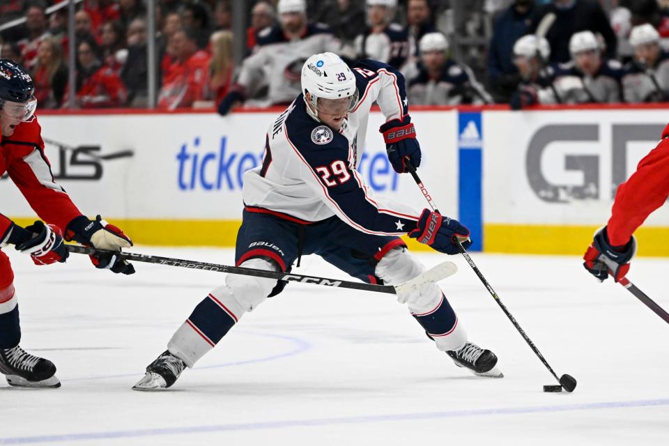 Mar 21, 2023; Washington, District of Columbia, USA; Columbus Blue Jackets left wing Patrik Laine (29) handles the puck against the Washington Capitals during the third period at Capital One Arena. Mandatory Credit: Brad Mills-USA TODAY Sports