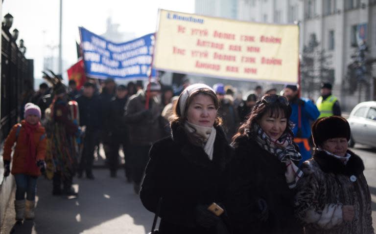 Local women protest against a Canadian mining project they claim threatens ancient grave sites, in Ulan Bator, the capital of Mongolia