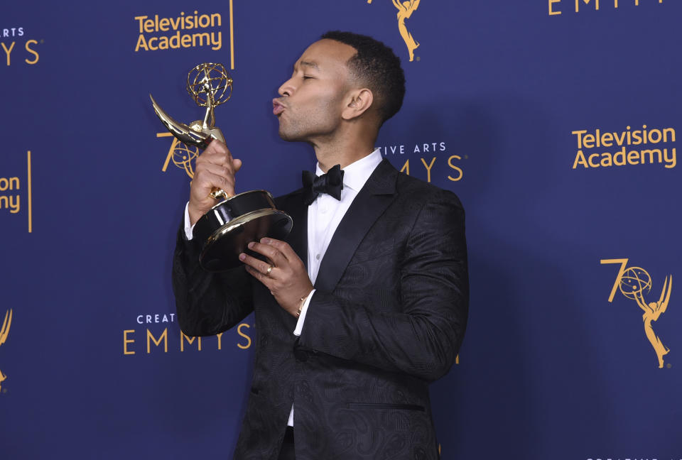 John Legend, winner of the award for outstanding variety special for "Jesus Christ Superstar Live in Concert," poses in the press room during Night 2 of the Creative Arts Emmy Awards at The Microsoft Theater on Sunday, Sept. 9, 2018, in Los Angeles. (Photo by Richard Shotwell/Invision/AP)