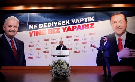 Binali Yildirim, mayoral candidate of the ruling AK Party, talks to media at his party's Istanbul headquarters in Istanbul