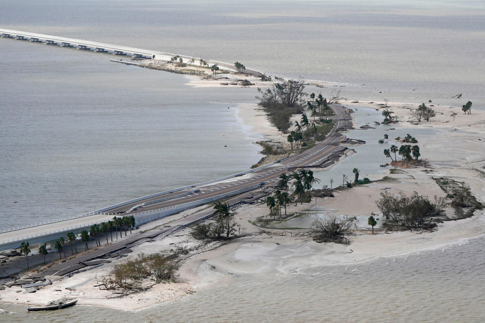 A damaged causeway to Sanibel Island is seen in the aftermath of Hurricane Ian on Sept. 29 near Sanibel Island, Fla.<span class="copyright">Wilfredo Lee—AP</span>