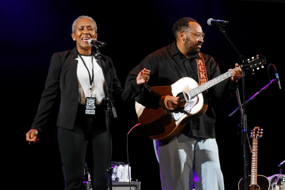 NEW YORK, NEW YORK - DECEMBER 19: Donna Mitchell-Cox and Bartees Strange perform during The 9th Annual Talent Show presented by The Ally Coalition at Skirball Center for the Performing Arts on December 19, 2023 in New York City. (Photo by Taylor Hill/Getty Images for The Ally Coalition)