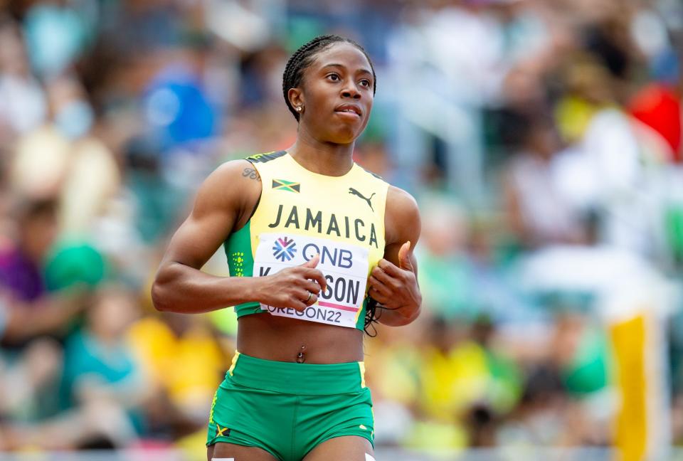 Kemba Nelson competes in the women's 100 meters for Jamaica on day two of the World Athletics Championships at Hayward Field in Eugene, Oregon July 16, 2022. 