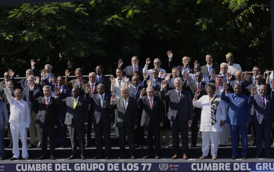 Leaders pose for a group photo at the G77+China summit in Havana, Cuba, Friday, Sept. 15, 2023. Fifth from left is U.N. Secretary General Antonio Guterres standing next to Raul Castro and Cuban President Miguel Diaz-Canel. (AP Photo/Ramon Espinosa)