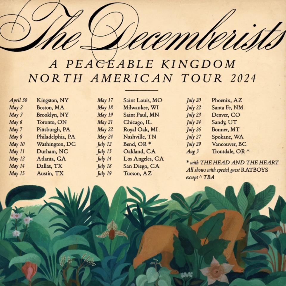 The Decemberists 2024 North American tour poster Burial Ground tickets pre-sale on-sale dates