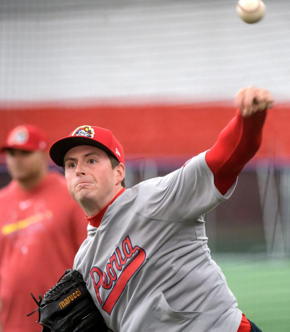 Peoria Chiefs pitcher Pete Hansen throws during a practice Wednesday, April 3, 2024 at the Louisville Slugger dome in Peoria.