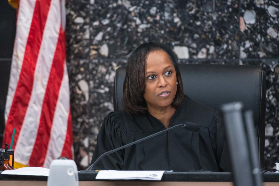 Judge Cymonie Rowe of the 15th Circuit speaks on Thursday, April 20, 2023, at the Palm Beach County Courthouse in downtown West Palm Beach, Fla. Maliik Hylton of Sunrise is accused of killing a Boynton Beach man in 2019 while the victim's wife and children hid in an adjacent room.