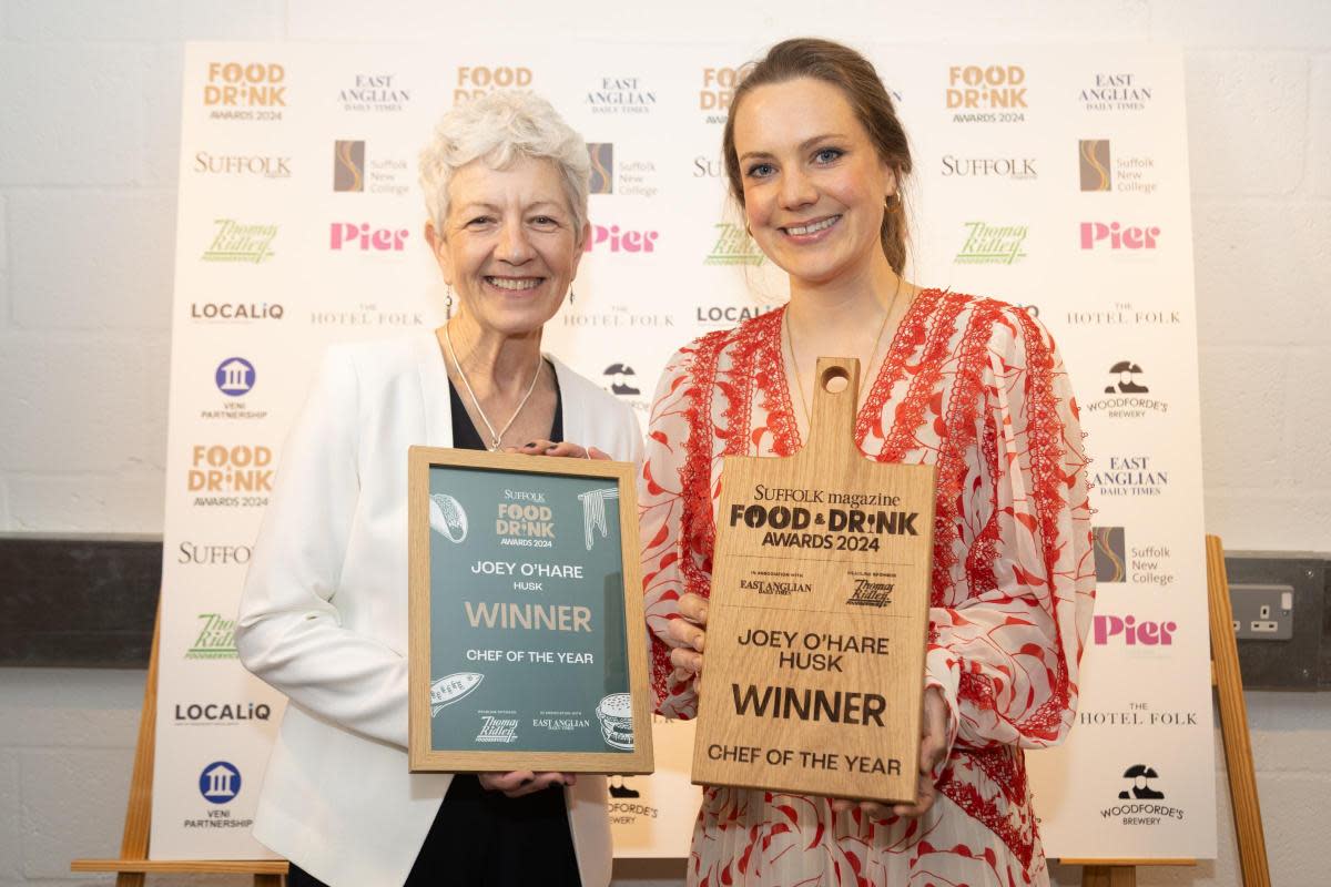Left to right, Jayne Lindill (editor, Suffolk Magazine) and Joey O’Hare from Husk, who won Chef of the Year <i>(Image: Matthew Potter Photographer and Videographer)</i>