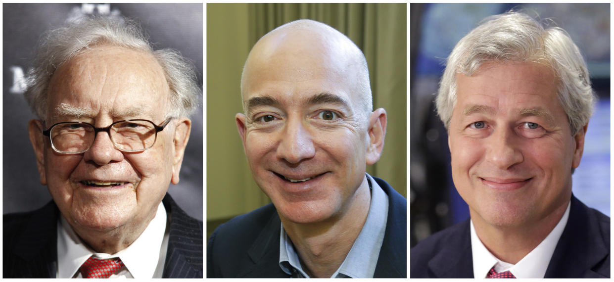 From left, Warren Buffett, Jeff Bezos, and Jamie Dimon. The three have turned to well-known author and Harvard professor Dr. Atul Gawande to transform the health care they give their employees. (AP Photos, File)