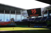 <p>Marlins Park honors starting pitcher Jose Fernandez after he was killed in a boating accident. The game between the Atlanta Braves and Marlins was cancelled. Mandatory Credit: Robert Mayer-USA TODAY Sports </p>