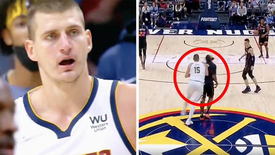 Denver Nuggets star Nikola Jokic faces the prospect of further punishment from the NBA after he was thrown out of his team's blowout win over Miami after charging into Markieff Morris from behind. Pictures: Sportscenter