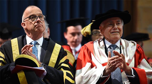 Sydney University Vice Chancellor Michael Spence and former Prime Minister John Howard at the graduation ceremony on Friday. Photo: AAP