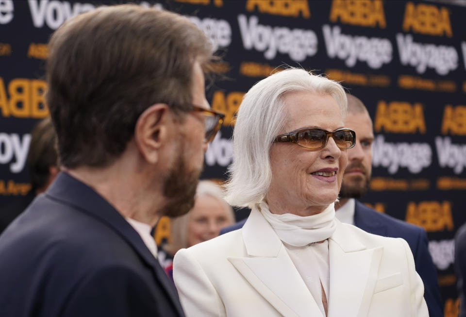 Members of ABBA, Bjorn Ulvaeus and Anni-Frid Lyngstad arrive for the ABBA Voyage concert at the ABBA Arena in London, Thursday May 26, 2022. ABBA is releasing its first new music in four decades, along with a concert performance that will see the "Dancing Queen" quartet going entirely digital. The virtual version of the band will begin a series of concerts on Thursday. (AP Photo/Alberto Pezzali)