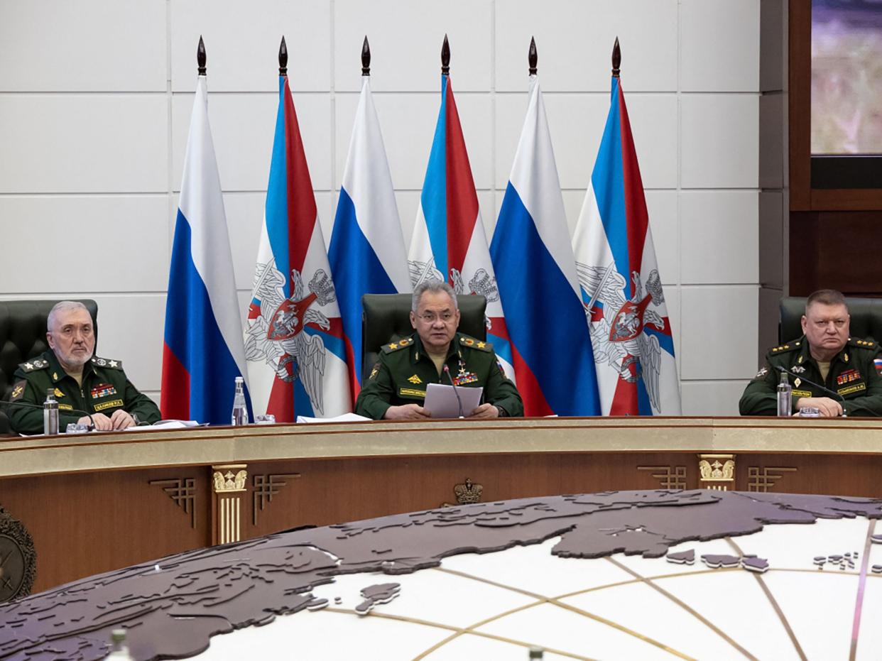 Russian defence minister Sergei Shoigu chairs a roundtable meeting with military officials in Moscow (Russian Defence Ministry/AFP via)