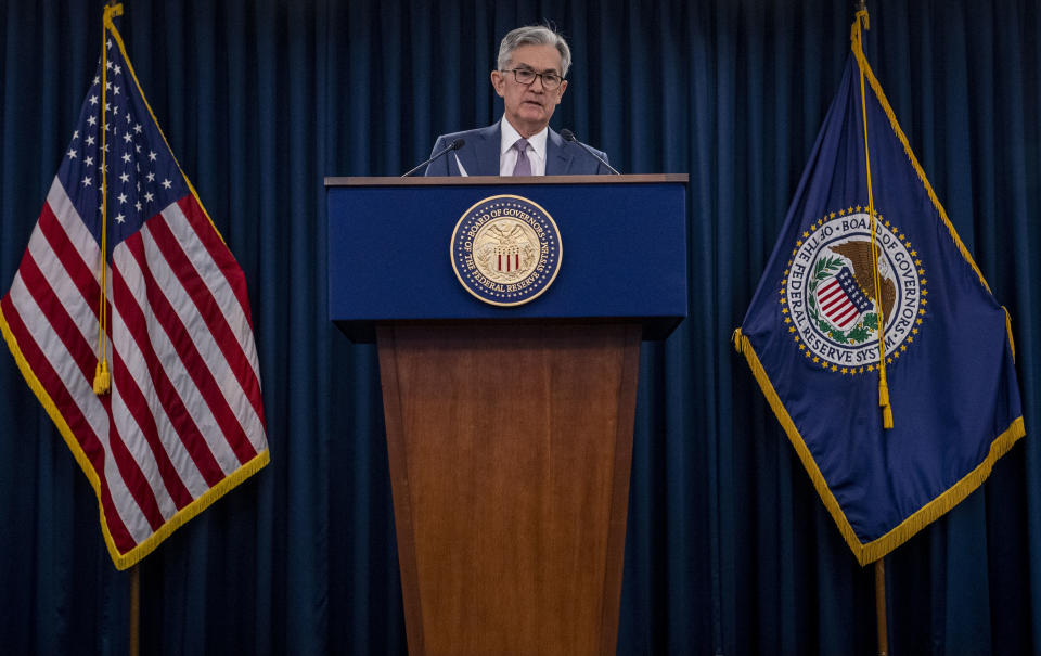 US Federal Reserve Chairman Jerome Powell gives a press briefing after the surprise announcement the FED will cut interest rates on March 3, 2020 in Washington,DC. - The US Federal Reserve announced an emergency rate cut Tuesday, responding to the growing economic risk posed by the coronavirus epidemic and giving President Donald Trump the stimulus he has called for. In a unanimous decision, the Fed's policy-setting committee slashed its key interest rate by a half point to a range of 1.0-1.25. (Photo by Eric BARADAT / AFP) (Photo by ERIC BARADAT/AFP via Getty Images)