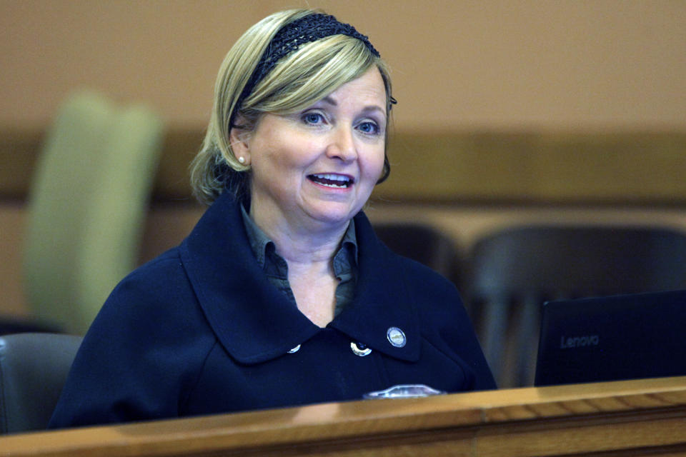 Kansas Senate tax committee Chair Caryn Tyson, R-Parker, speaks to fellow Republican senators during a meeting, Tuesday, Feb. 9, 2021, at the Statehouse in Topeka, Kan. Tyson is the architect of a GOP plan for cutting state income taxes aimed at helping people and businesses paying more since federal income tax cuts were enacted in 2017. (AP Photo/John Hanna)