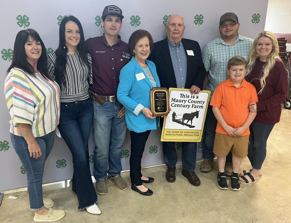 The Biffle Potts Farm was named as the Maury County Century Farm of the Year by Maury Alliance at the annual Farm Breakfast at the Ridley 4-H Center hosted by Maury Alliance on Friday, April 26, 2024. (Center) Melissa and Darrell Potts, who also serve as realtors at United Country Real Estate, are surrounded by their family. (From left) Tammy Body, Josie Collins, Jake Gizzard, Melisa Potts, Darrell Potts, Dalton Papajeski, Dexlyn Papajeski and Kayce Papajeski.
