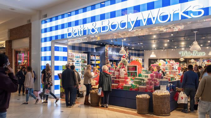 Raleigh, NC/United States- 11/23/2018: Large groups of mall shoppers browse through discounted items at Bath & Body Works on Black Friday.