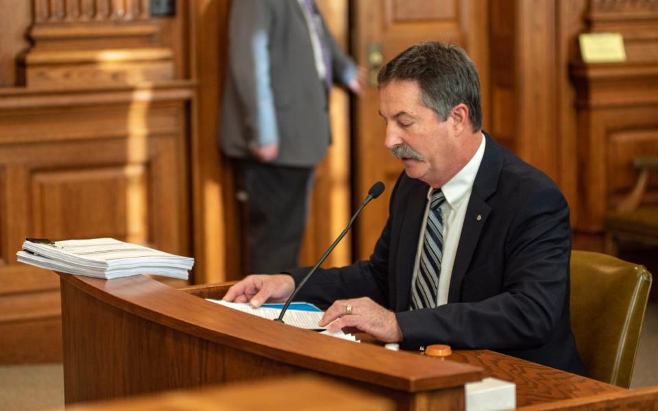 State Sen. Mike Moon, R-Ash Grove, introduces his bill before the Senate Education and Workforce Development Committee on Feb. 20, 2023.