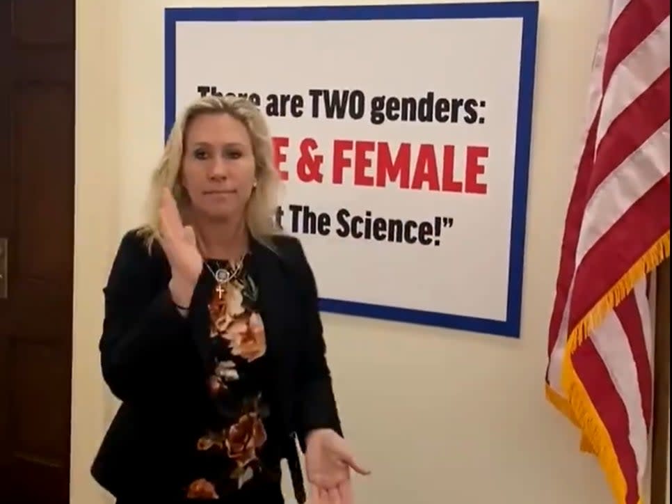 <p>Marjorie Taylor Greene installed a sign insisting there were only two genders in the halls of Congress on Wednesday.</p> (Twitter @repMTG)