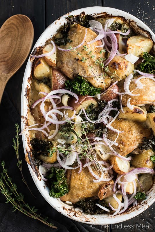 <p>The Endless Meal</p><p>Healthy One-Pan Chicken Potato Gratin is a remake of the famous classic. We've snuck in extra veggies by replacing the traditional butter and flour heavy sauce for a rich and cheesy cauliflower sauce, then nestled in some crispy skinned chicken and kale for a delicious and easy to make dinner recipe.</p><p><strong>Get the recipe: <a href="https://www.theendlessmeal.com/one-pan-chicken-potato-gratin/" rel="nofollow noopener" target="_blank" data-ylk="slk:Healthy One-Pan Chicken Potato Gratin;elm:context_link;itc:0;sec:content-canvas" class="link ">Healthy One-Pan Chicken Potato Gratin</a></strong></p>