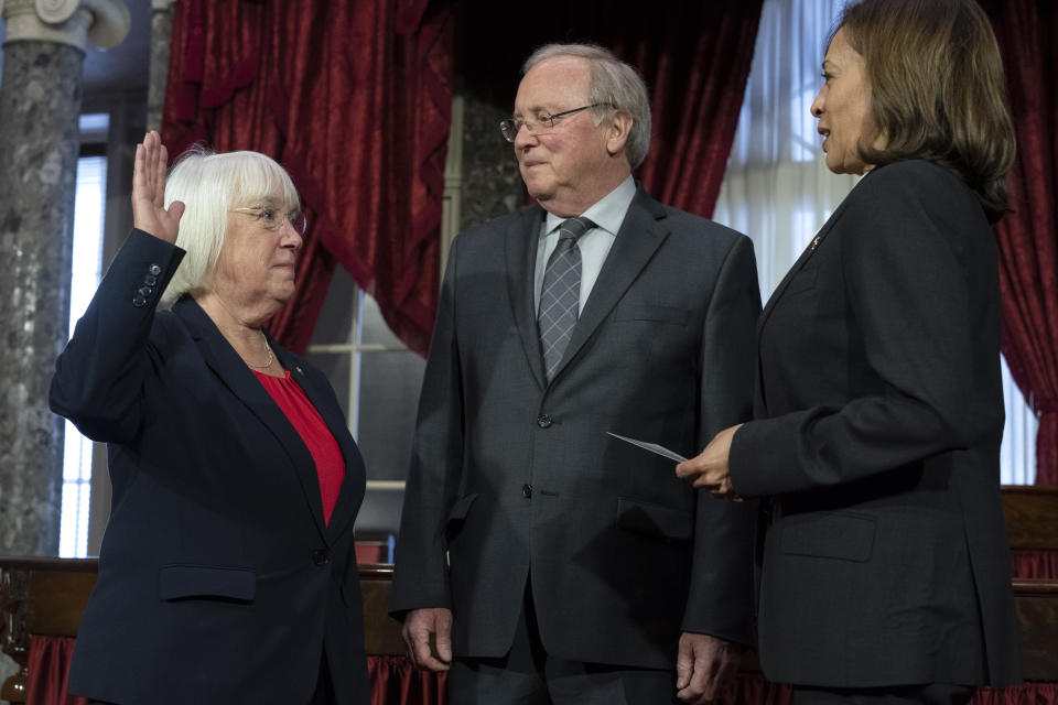 Vice President Kamala Harris participates in a ceremonial swearing-in of Sen. Patty Murray, D-Wash., with Murray's husband Rob Murray, in the Old Senate Chamber on Capitol Hill in Washington, Tuesday, Jan. 3, 2023. (AP Photo/Jacquelyn Martin)