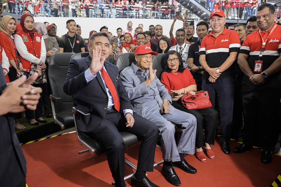 Transport Minister Anthony Loke, Prime Minister Tun Dr Mahathir Mohamad and AirAsia X chairman Tan Sri Rafidah Aziz visit AirAsia RedQ in Sepang August 16, 2019. — Picture by Miera Zulyana