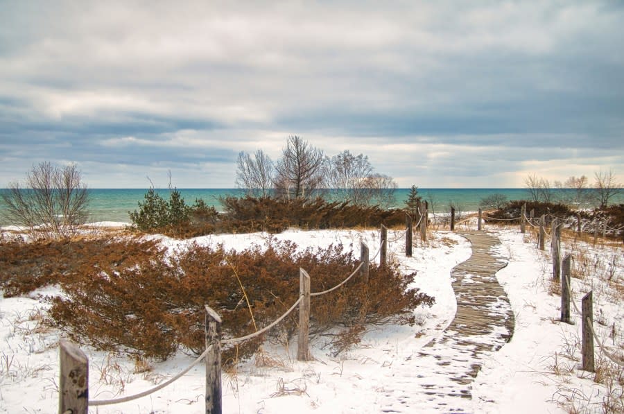 The snow-covered boardwalk in Kohler-Andrae State Park near Sheboygan, WI. (Getty)