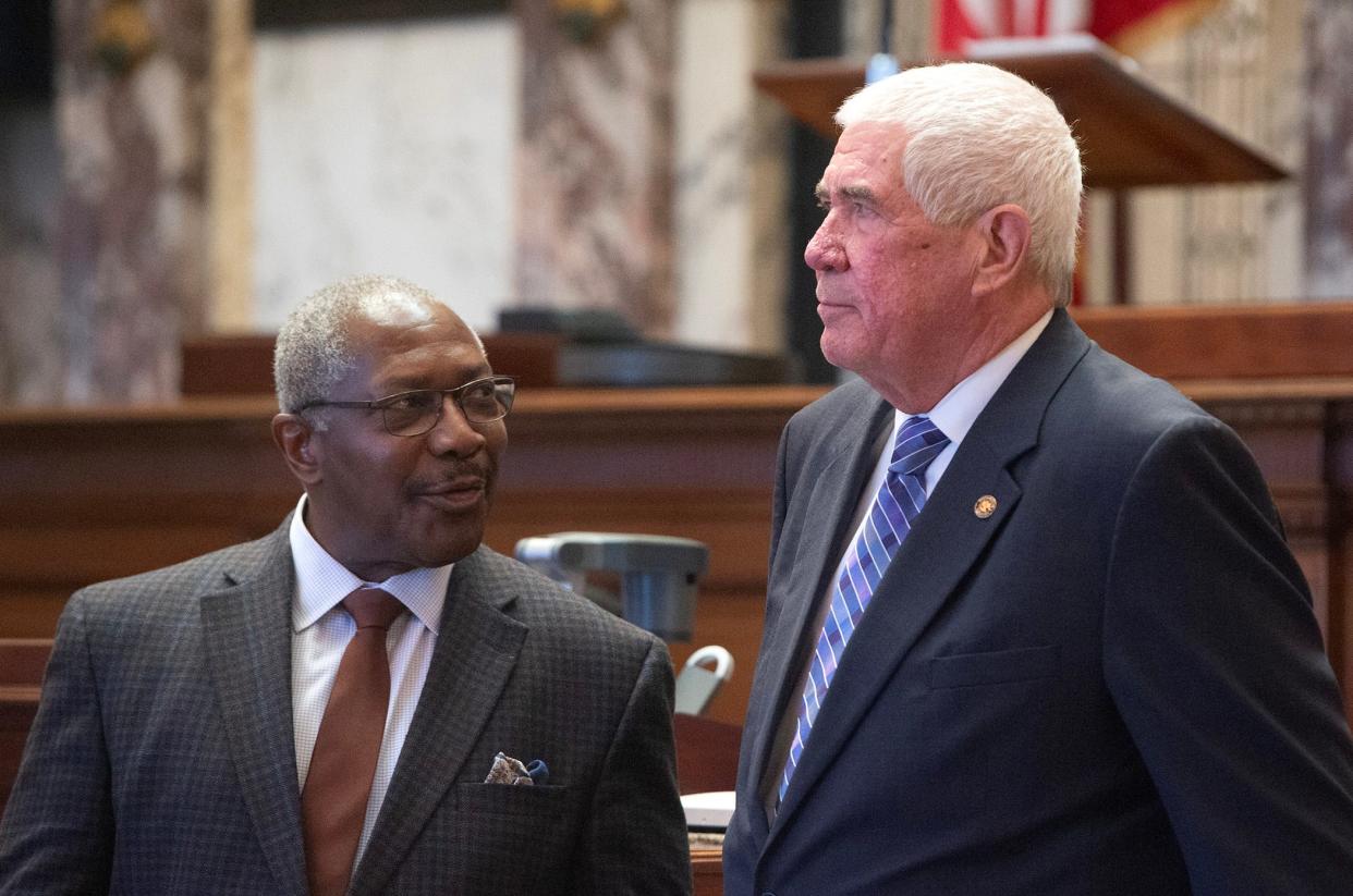 Sen. John Horhn, D-Jackson, left, and Sen. Kevin Blackwell, R-Southaven, right, speak during the Mississippi Senate discussion of the Medicaid expansion bill at the state Capitol in Jackson, on Thursday, March 28, 2024. The House and Senate have picked six lawmakers who will now meet in conference to iron out a compromise on Medicaid expansion.