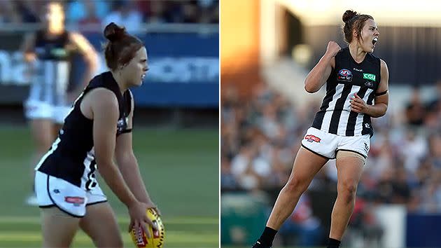 Garner had the honour of booting the very first AFLW goal. Pic: Ch7/Getty